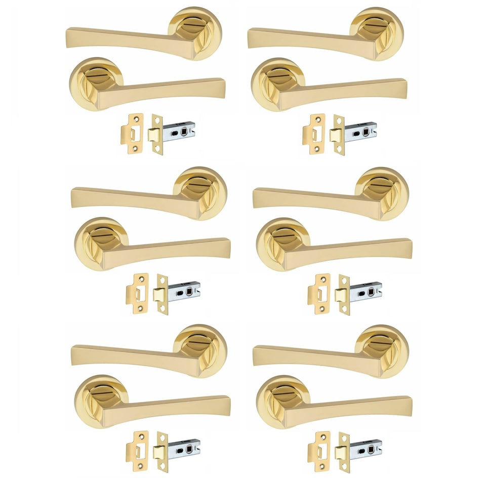 image 1 of Golden Grace 6 Pairs Wave Design Door Handles on Round Rose in Electro Brass Finish with 2.5" Tubular Latch - 52mm Diameter Gold