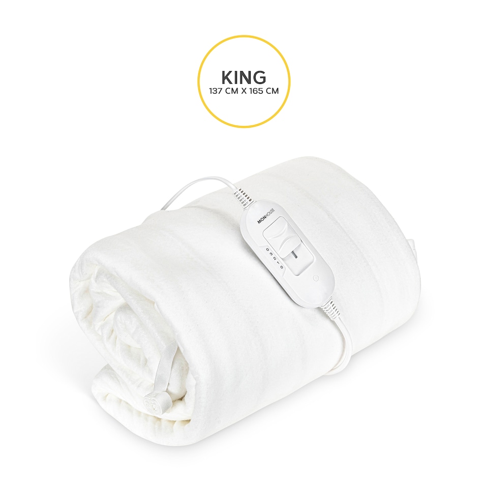 image 1 of MONHOUSE Premium Electric Blanket - Heated Under Blanket - Detachable Controller & Machine Washable - 3 Heat Settings - King Size 137x165xm | White | 1