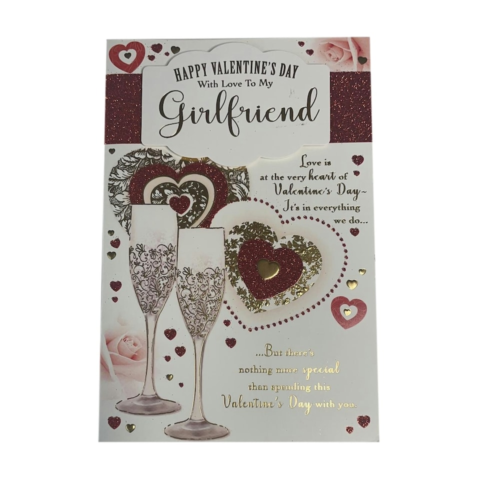 Happy Valentine's Day With Love To My Girlfriend Champagne Glasses And Hearts Design Card