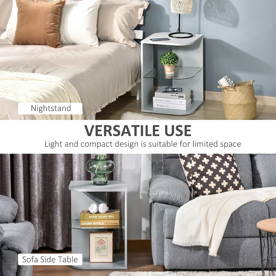 image 1 of Modern Side Table Three Layer Bedside Table Nightstand w/ 2 Storage Shelves Grey