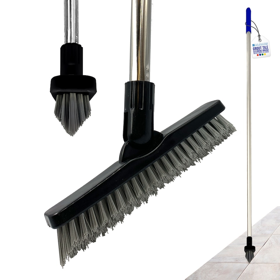image 1 of Colour-Coded Angled Grout Brush with Handle 180° Swivel Tile & Corner Scrubber