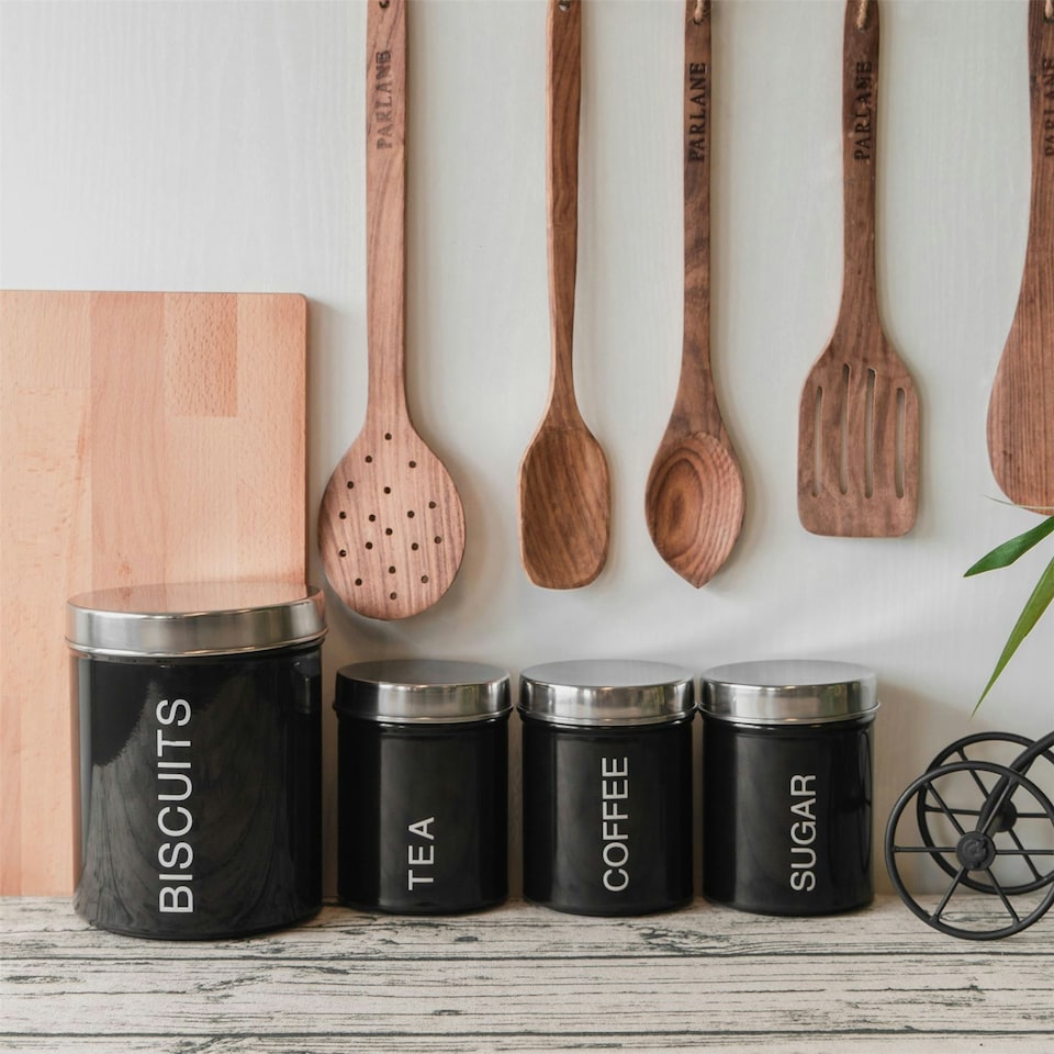 image 1 of Harbour Housewares 4 Piece Black Round Metal Kitchen Canisters Set Utility Storage Utility Containers Storage Box Storage Container