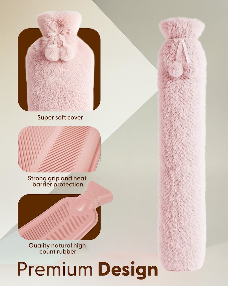 image 1 of Keplin Extra Long Hot Water Bottle 2 Litre Natural Rubber with Fleece Cover