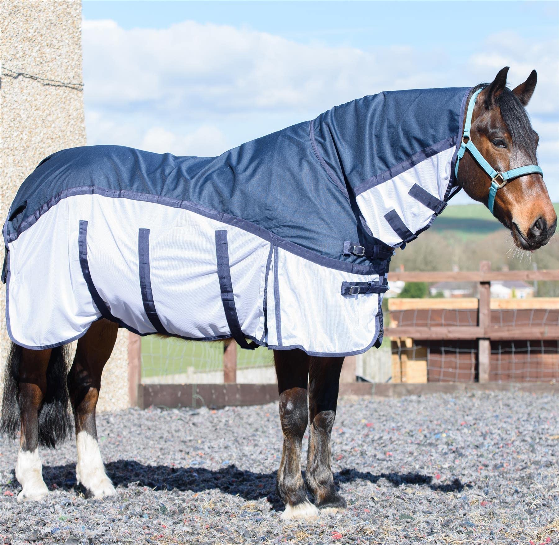 eQuitack 600D 2 in 1 Waterproof Fly Turnout Mesh Horse Rug Fixed Neck Blue/White 6'9''