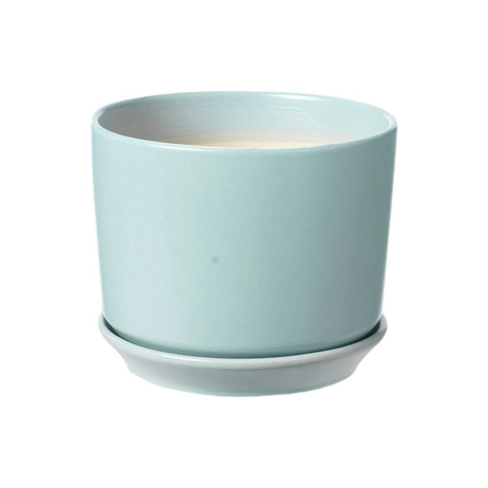 image 1 of Duck Egg Blue Ceramic Indoor Plant Pot With Attached Saucer - H10.5cm