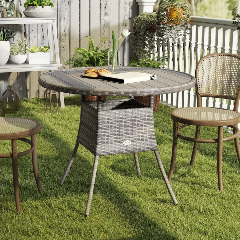 image 1 of Outsunny Outdoor PE Rattan Dining Table w/ Wood-plastic Composite Top, Grey