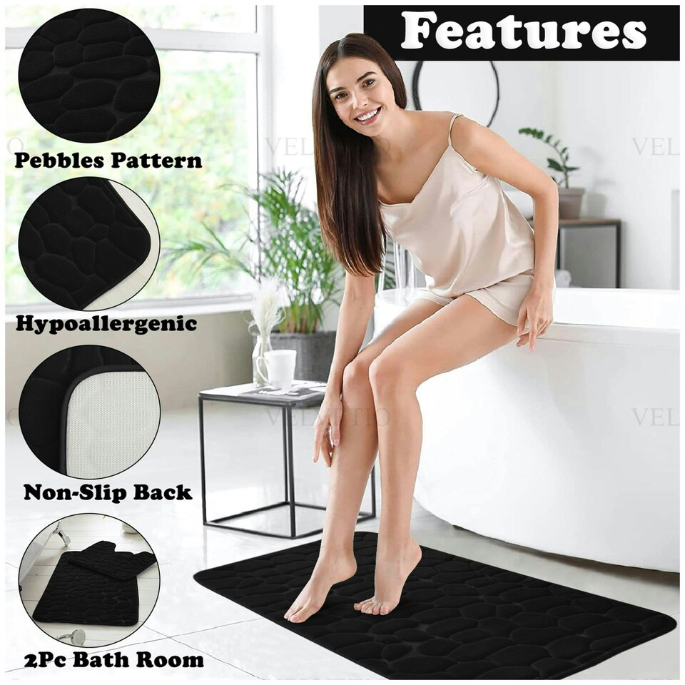 image 1 of VELVETIO 2Pc Pebble Bath Mat Set Memory Foam Bathroom Toilet Rugs Black