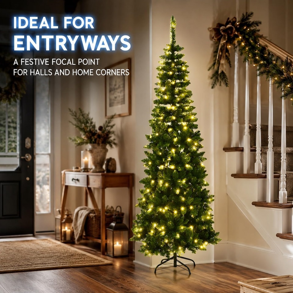 image 1 of 6FT Pre-Lit Pencil Christmas Tree with Warm White LED Lights - Festive Xmas Decoration for Home and Holiday Display