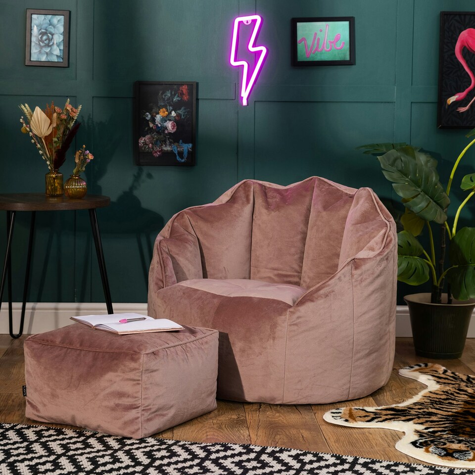 image 1 of icon Sirena Scallop Chair Bean Bag and Footstool Pink Velvet Bean Bags Pink | Pink