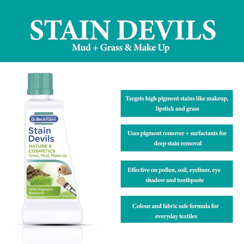 image 1 of Dr Beckmann Stain Devils Cosmetics and Nature Remover 50ml Makeup Lipstick Grass Mud Soil Pollen Stain Cleaner