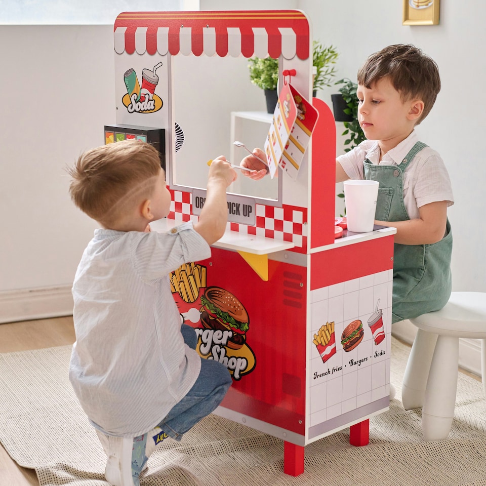 image 1 of Teamson Kids Flip & Fry Burger Shop Wooden Playset in Red with Grill, Fryer, Drinks Station & 29 Accessories
