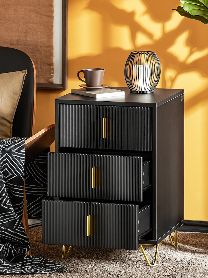 image 1 of SoBuy FBT115-L-SCH,3-Drawer Bedside Table Nightstand with Gold Handles | Black | Black | 1