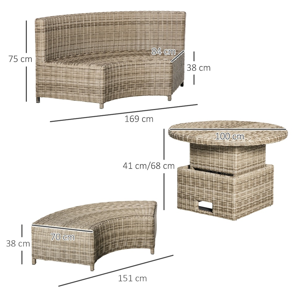 image 1 of Outsunny 5 PCs Outdoor Rattan Lounge Chair Round Daybed Table Set w/ Cushion
