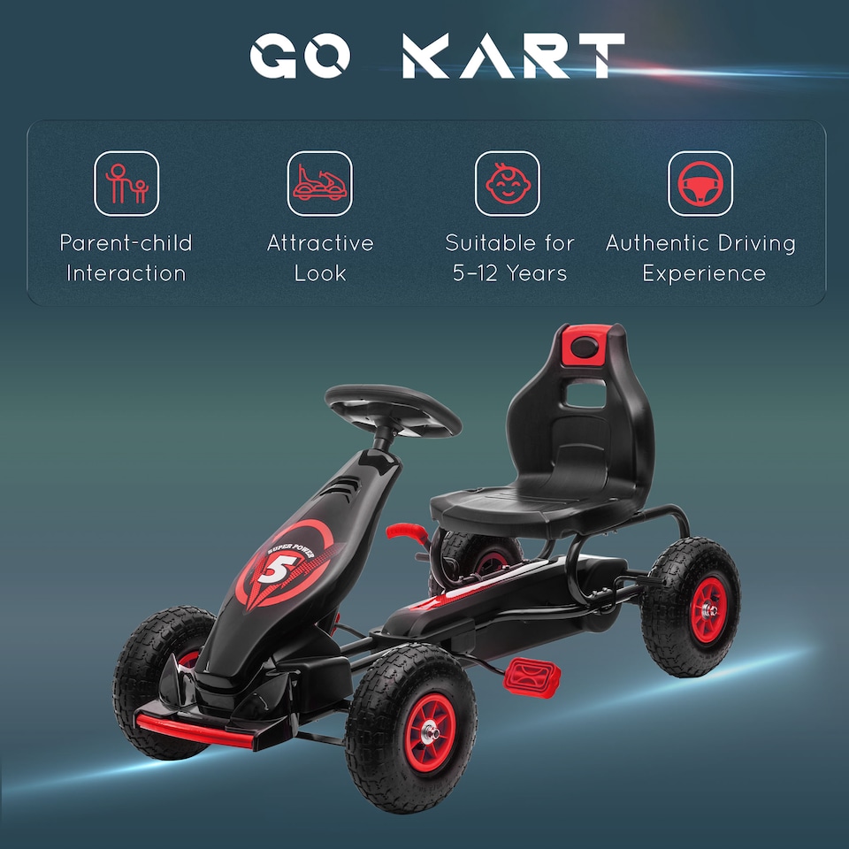 image 1 of HOMCOM Children Pedal Go Kart, Raving Go Kart with Adjustable Seat, Inflatable Tyres, Shock Aborb, Handbrake, for Ages 5-12 Years - Red
