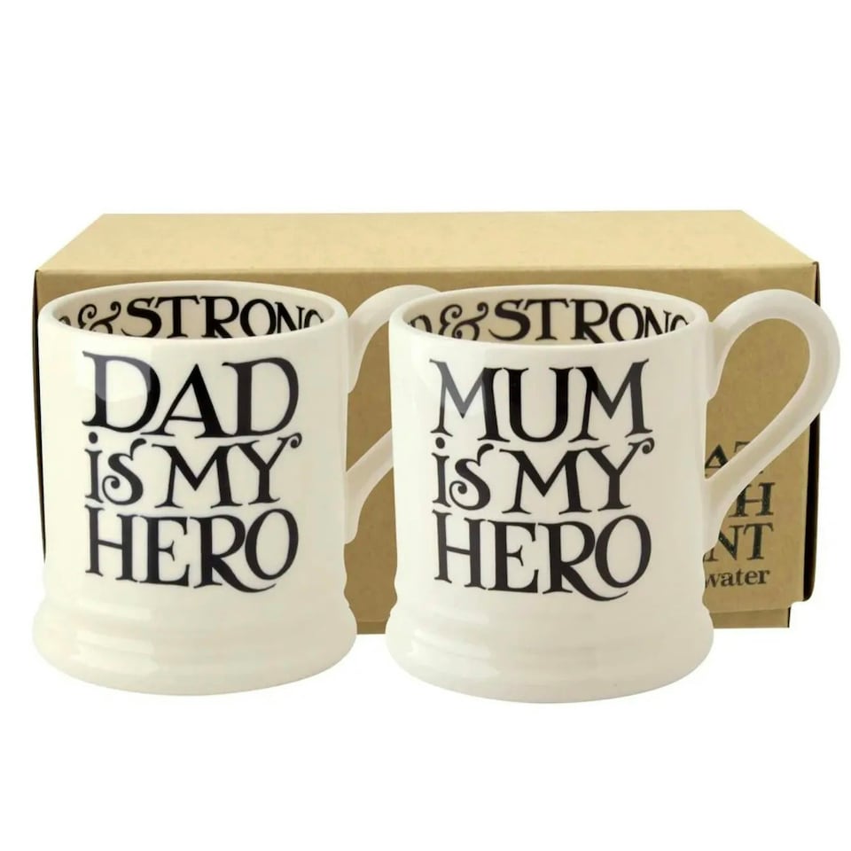 image 1 of Mug Set: 2 x 300ml Emma Bridgewater Black Toast Archive My Dad Is My Hero & My Mum Is My Hero Set Of 2 1/2 Pint Mugs Boxed, Ceramic White