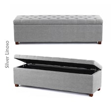Linoso Chesterfield Silver Ottoman Storage Box with Square Wooden Legs - Upholstered Blanket Box (90W x 40D x 45H cm)