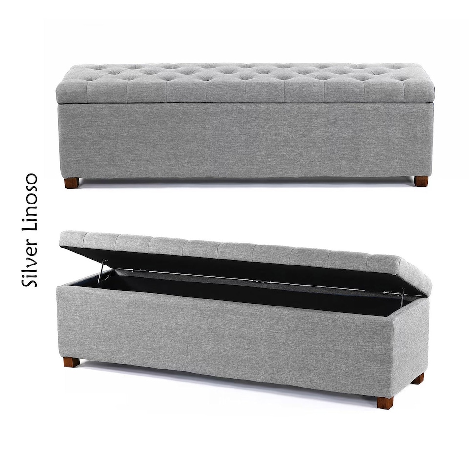 Linoso Chesterfield Silver Ottoman Storage Box with Square Wooden Legs - Upholstered Blanket Box (90W x 40D x 45H cm)