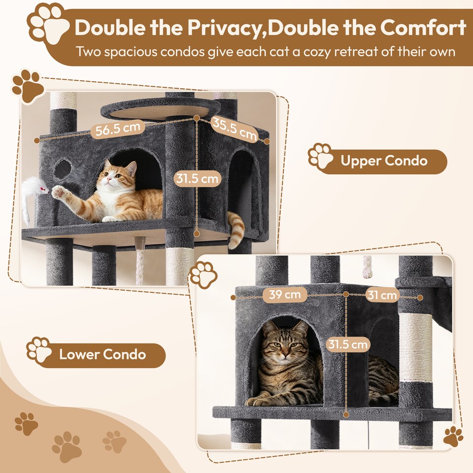 image 1 of Yaheetech 210cm Multi-Level Cat Tree with Large Top Perch, 2 Cat Condos, Hammock & Basket, Sisal Scratching Posts, Heavy Duty Cat Tower for Indoor Cats, Dark Grey