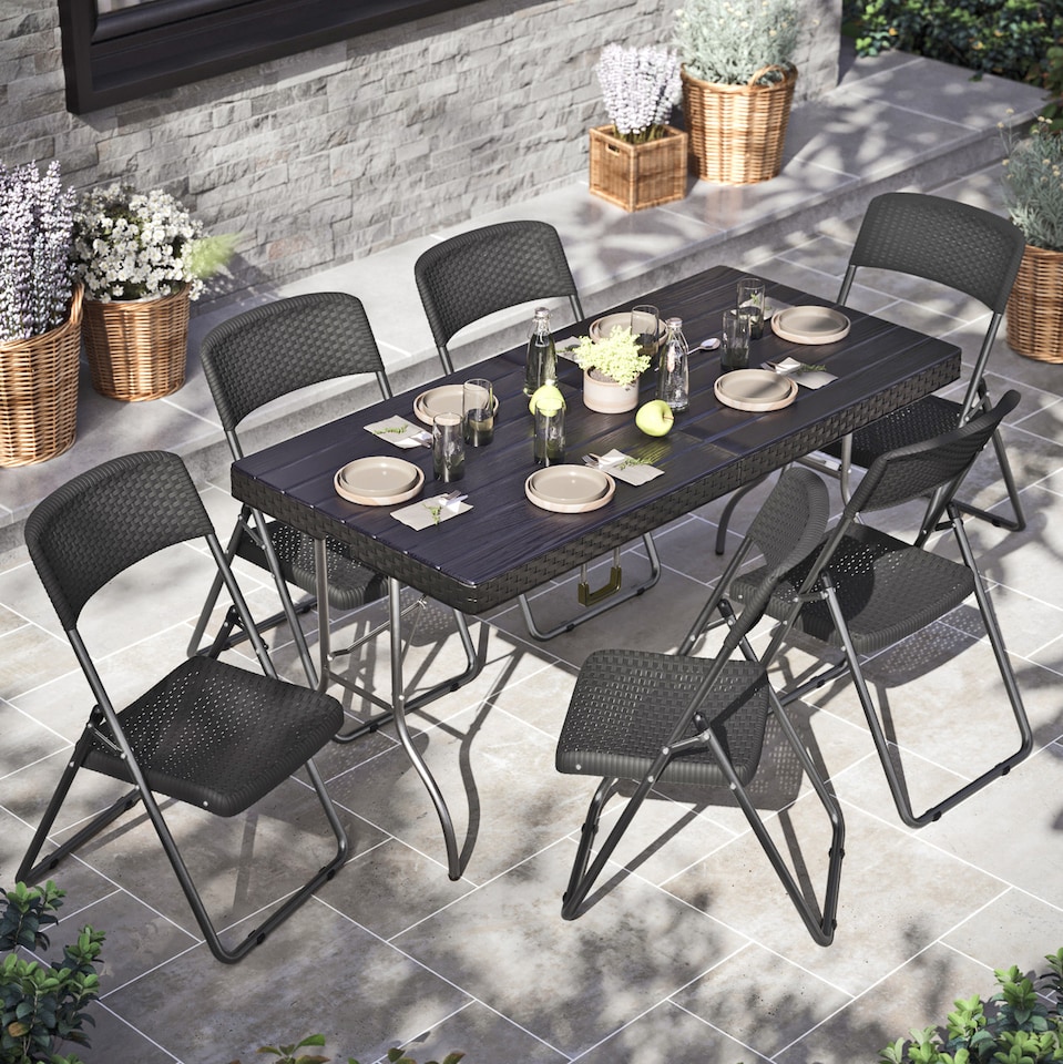 image 1 of 5Ft Rattan Effect Garden Folding Table and Chairs Garden Set - Black | Black | 7