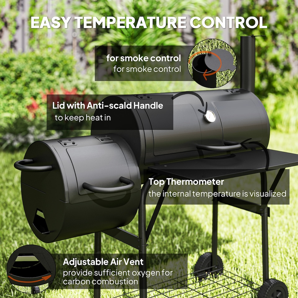 image 1 of Outsunny Portable Outdoor Charcoal Grill BBQ Grill with Offset Smoker Black
