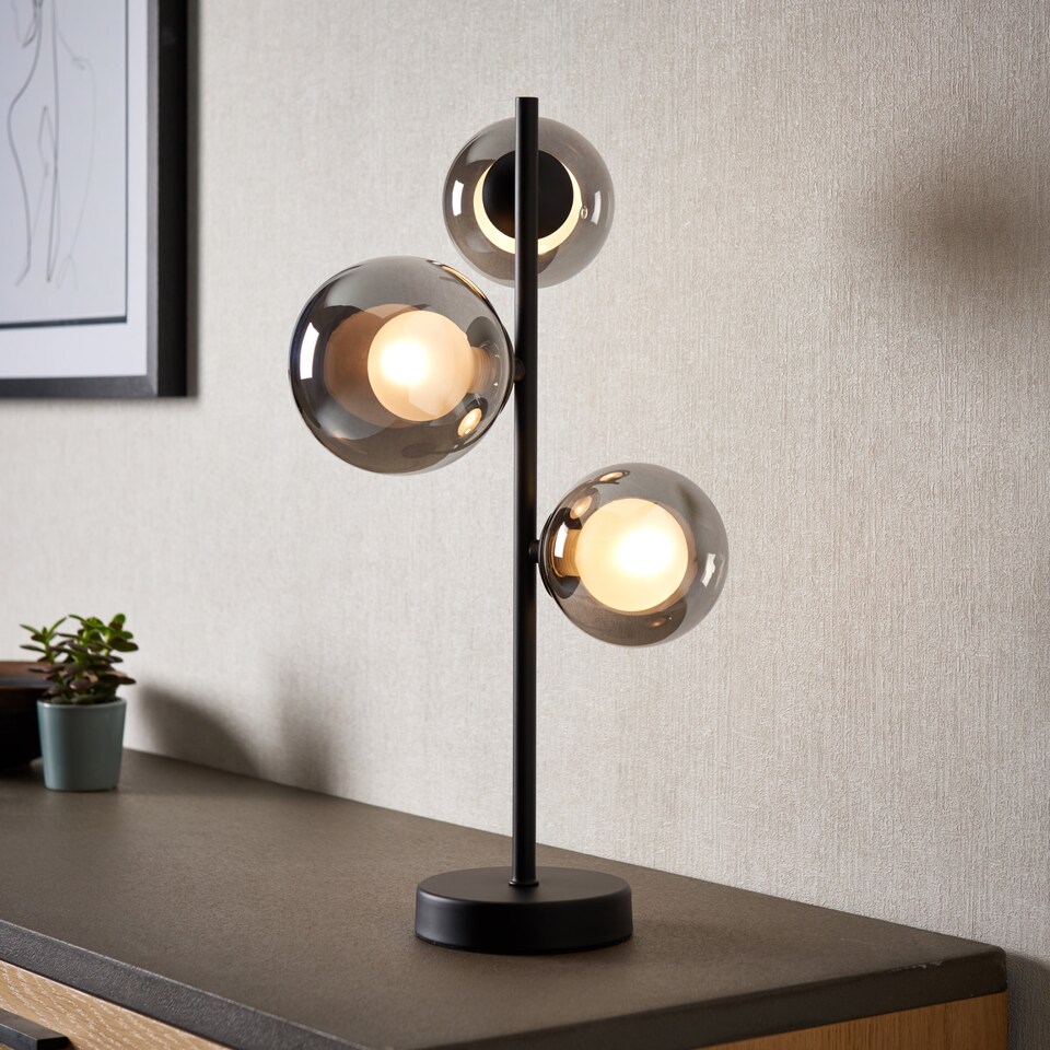 image 1 of Set of 2 Cole - Black with Smoke Glass Globes 3 Light Table Lamps