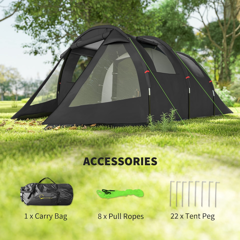 image 1 of Outsunny 3-4 Persons Tunnel Tent, Two Room Camping Tent with Windows, Black