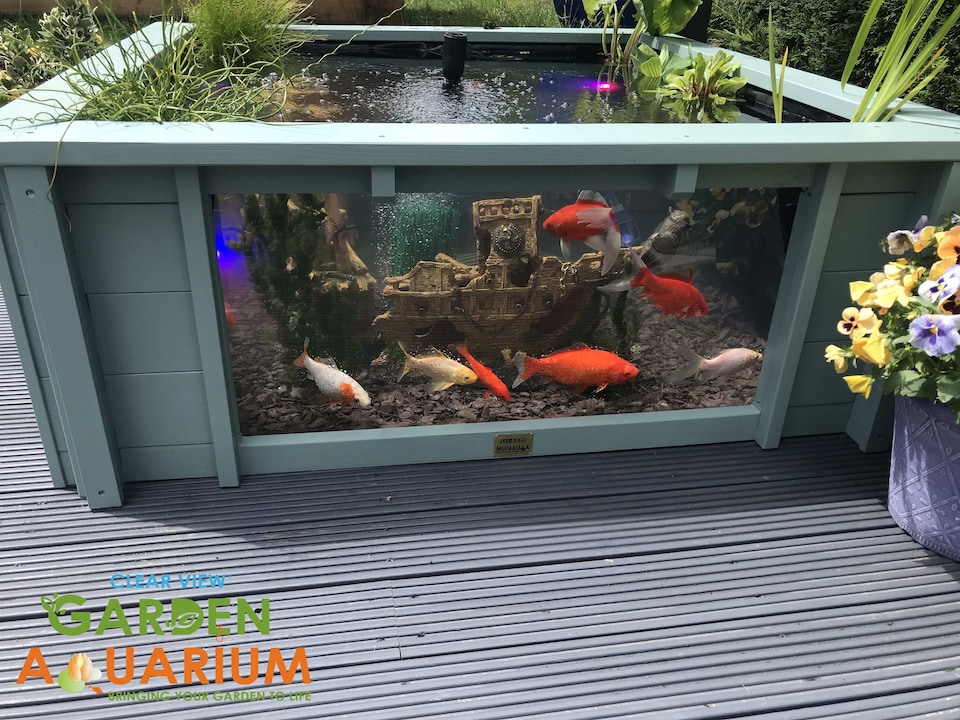 image 1 of Raised square pond with large windows Lotus Clear View Garden Aquarium in Natural Brown
