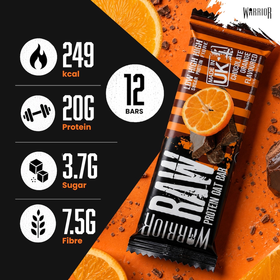 image 1 of Warrior RAW Protein Bars 12 x 75g – 20g High Protein Bar, Low Sugar High Fibre Oat Protein Flapjack – Protein Snacks, Meal Replacement Bars (Chocolate Orange)