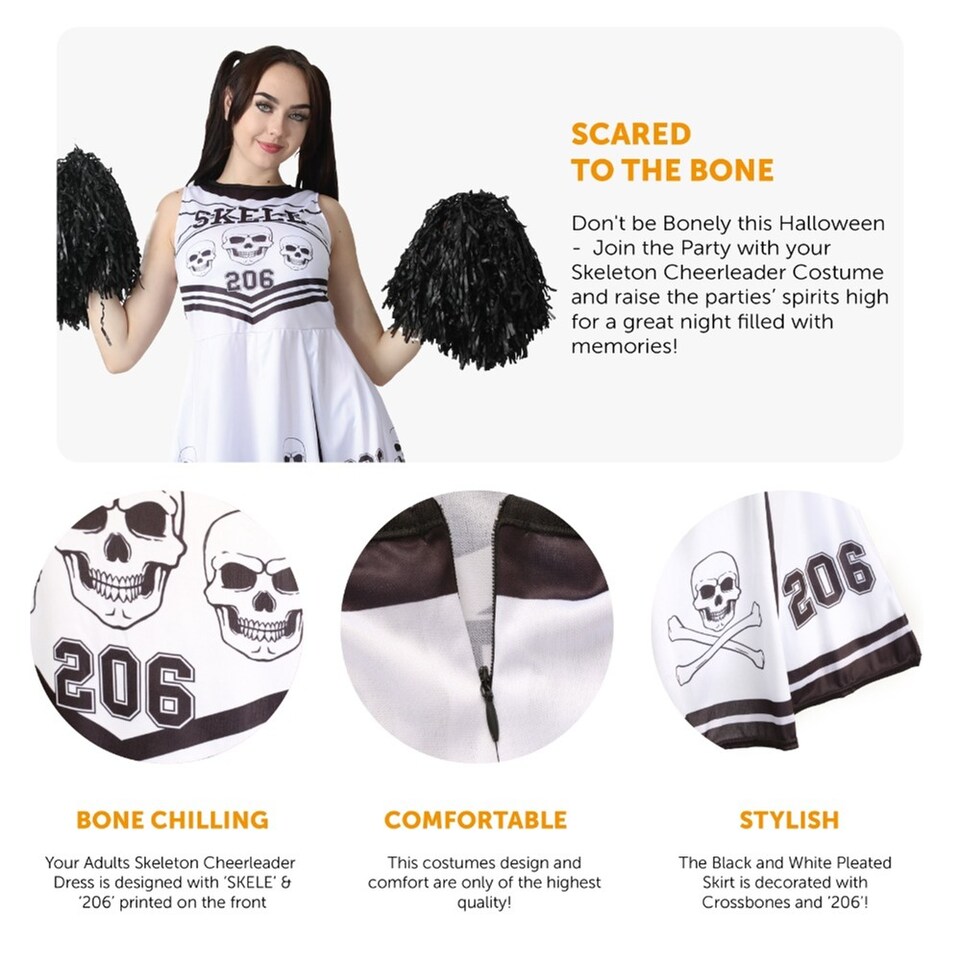 image 1 of Skeleton Cheerleader - Facepaint and Black Pom Poms | Multi | XL
