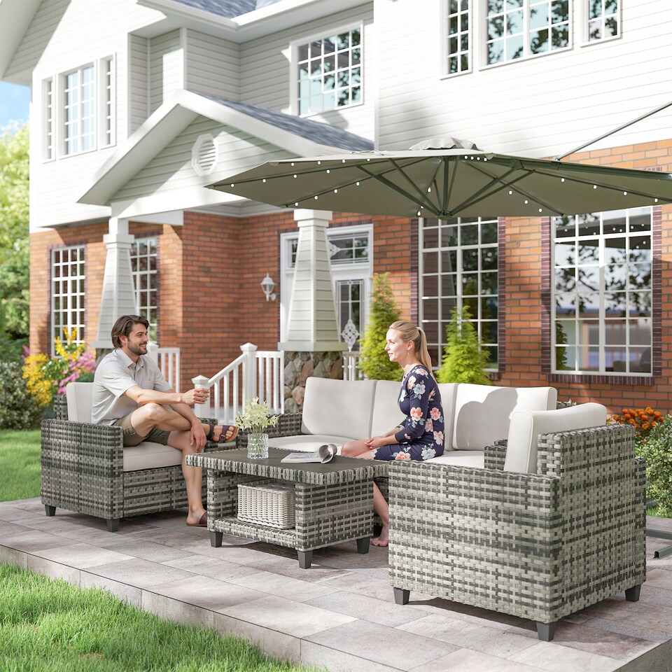 image 1 of Outsunny 6 Pieces Rattan Garden Furniture Set, 5 Seater Wicker Outdoor Furniture Set with 2 Armchairs, Steel Frame Coffee Table and Cushions for Balcony, Porch, Light Grey