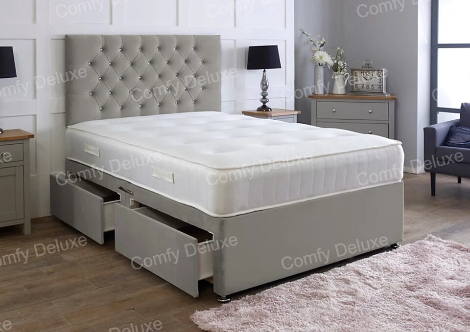 5ft King Grey Plush Velvet Divan Bed With Headboard & Memory Sprung Mattress 2 Drawers One Each Side