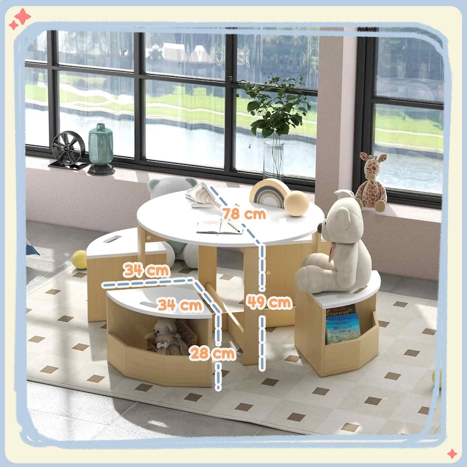 image 1 of AIYAPLAY Kids Table and Chairs Set, Five-Piece Childrens Table and Chair Set with Storage, Children Activity Table for Ages 3-8 Years, White | White