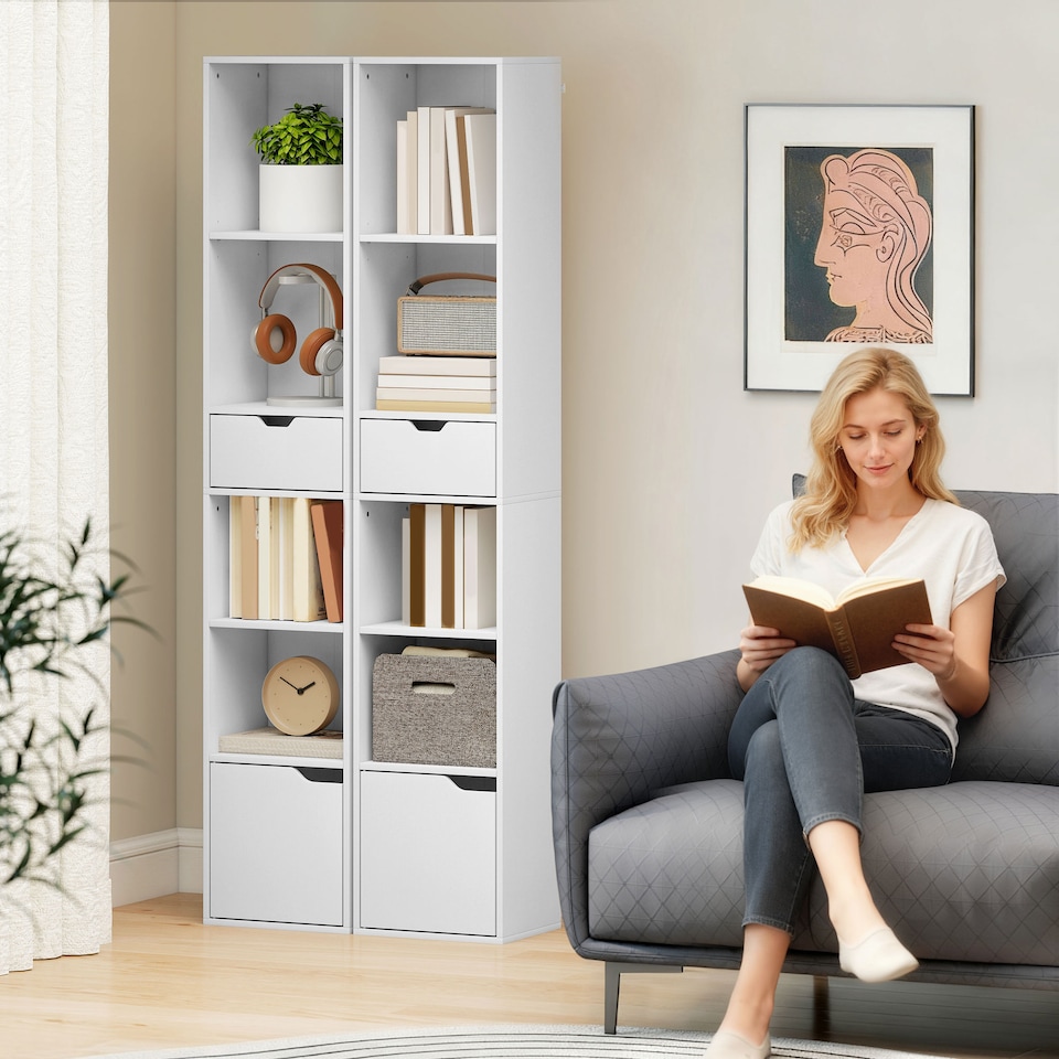 image 1 of HOMCOM 6-Tier Bookcase, Tall Narrow Bookshelf with Drawer, Door, Adjustable Shelf, Modern Display Standing Shelving Unit for Living Room, Home Office, Bedroom, 30 x 24 x 158 cm, White | White | White