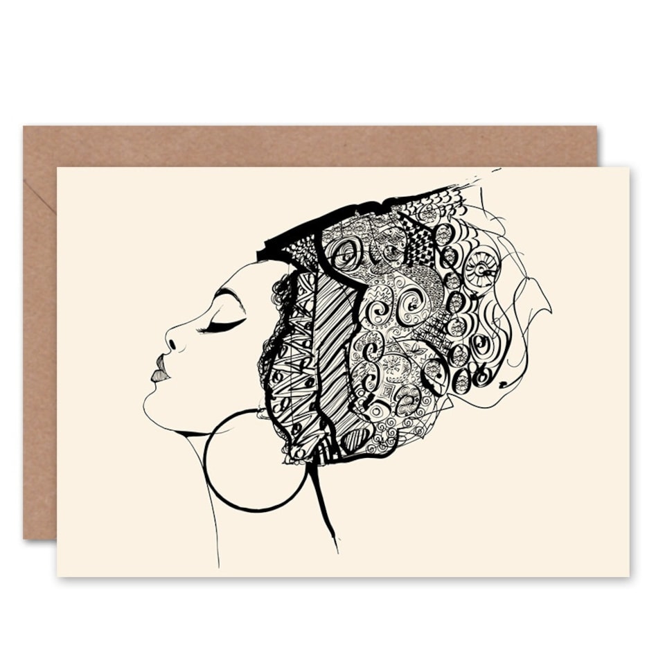 image 1 of Elegant Woman With Headdress Blank White Drawing Modern Art Card
