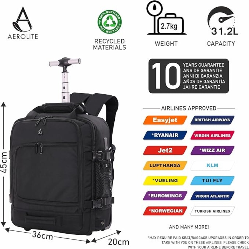 image 1 of Aerolite 45x36x20 Easyjet Maximum Size Backpack Trolley Bag With 2Wheels Cabin Luggage Approved Extendable Handle Travel Holdall Rucksack with10 Year Warranty Black