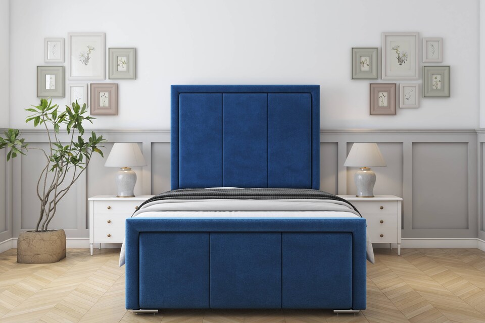 image 1 of Sloomy Lancaster Navy Plush Bed Frame With Mattress With 50" Upholstered Headboard 6' Super King