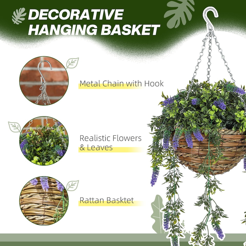 image 1 of HOMCOM Set of 2 Decorative Artificial Plants, FauSilk Lavender Flowers in Hanging Baskets, Fake Plants for Home Indoor Outdoor Decor, Purple