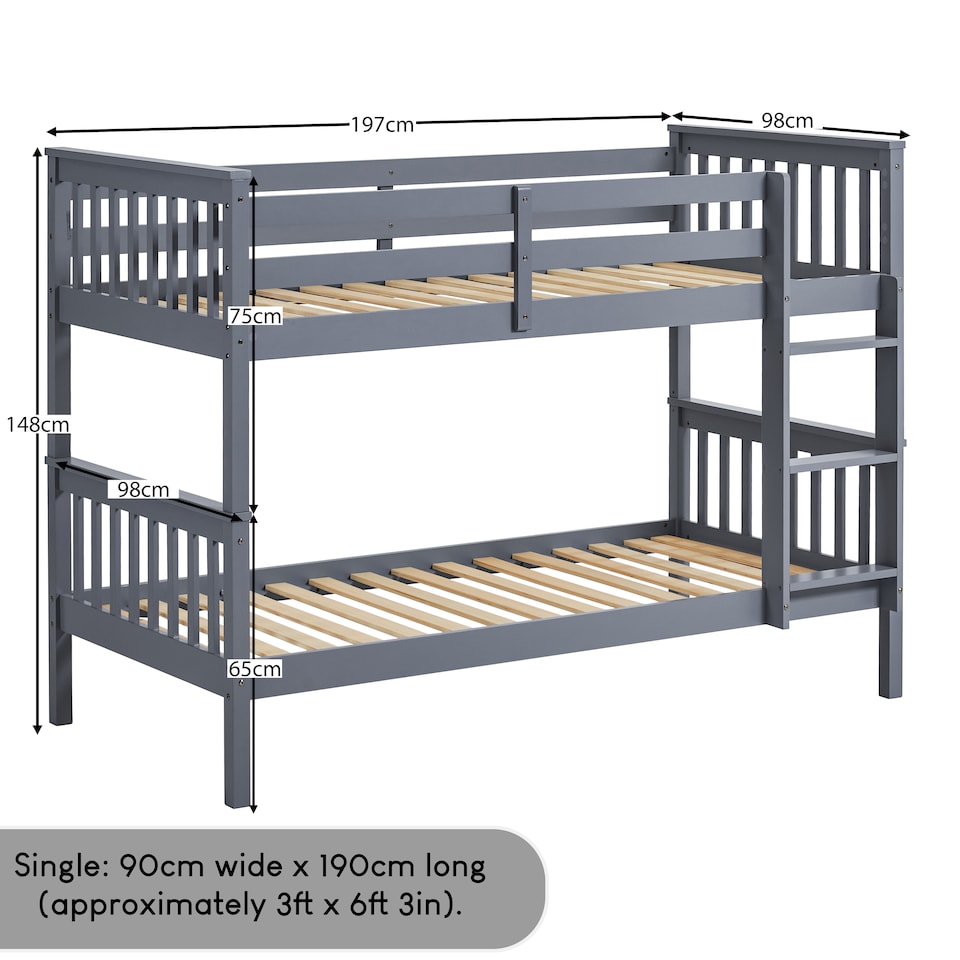 image 1 of Vida Designs Milan Kids Bunk Bed Frame Bedroom, Split into 2 Single Beds Optional - Grey - 90 x 190cm