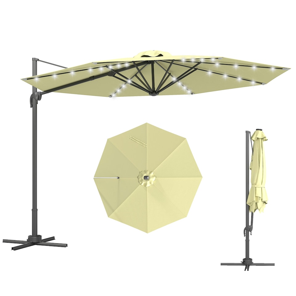 image 1 of Outsunny 3(m) Cantilever Parasol Patio Sun Umbrella w/ Base Solar Lights Beige
