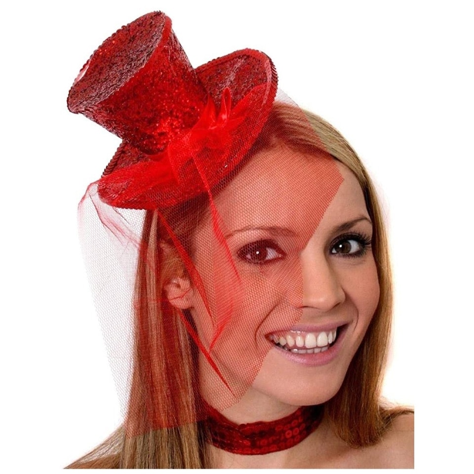 image 1 of Pack of 12 Mini Red Glitter Fascinator Top Hat Red | One Size