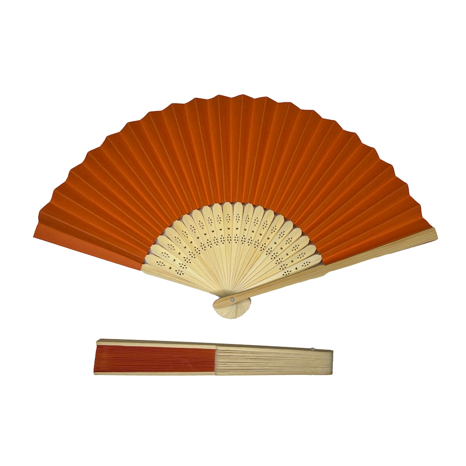 image 1 of Orange Paper Foldable Hand Held Bamboo Wooden Fan by Parev