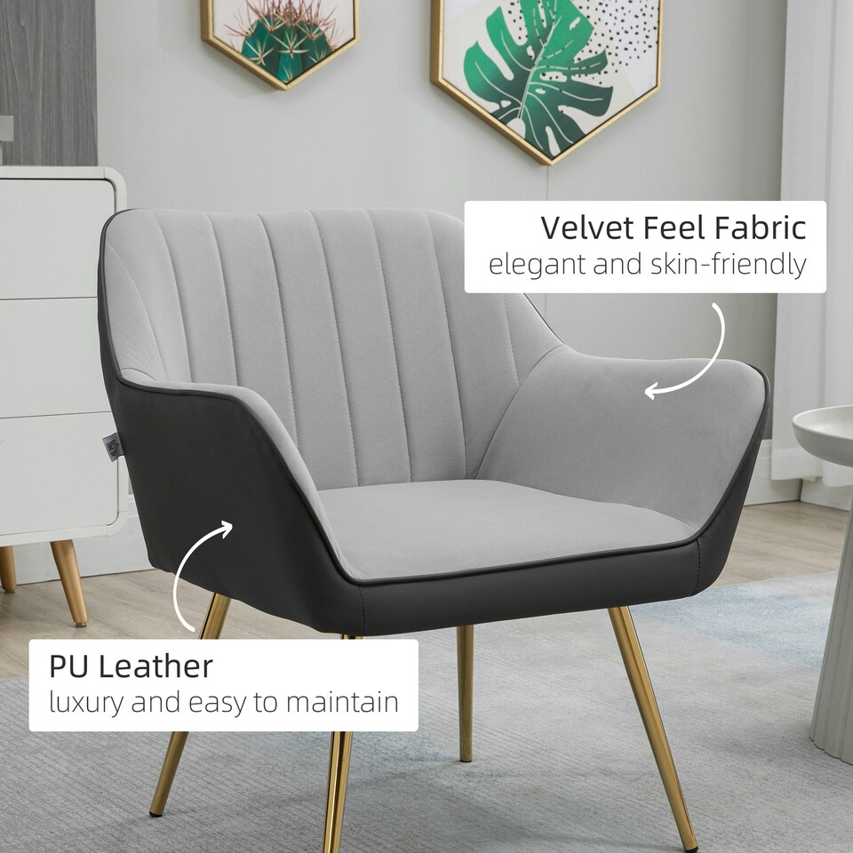 image 1 of HOMCOM Accent Chairs Velvet Armchairs for Living Room and Bedroom Light Grey