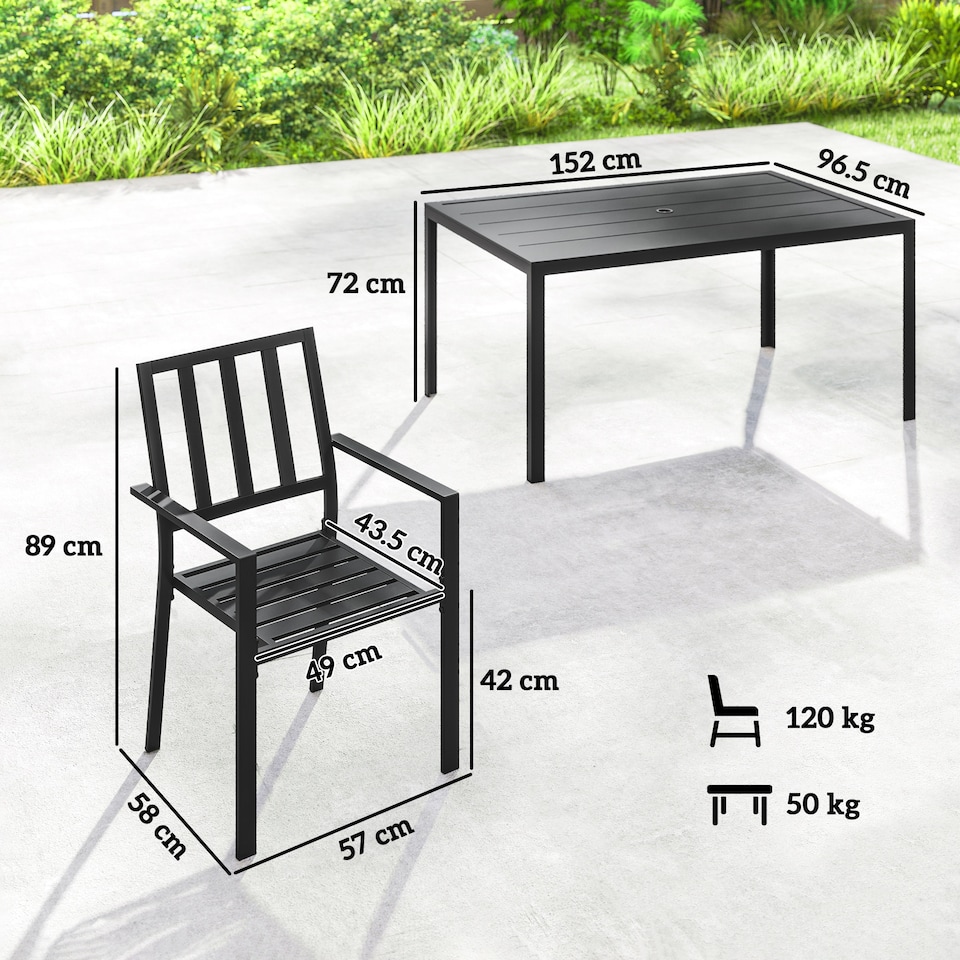 image 1 of Outsunny 7 PCs Garden Dining Set w/ Stackable Chairs and Metal Top Table, Black | Black