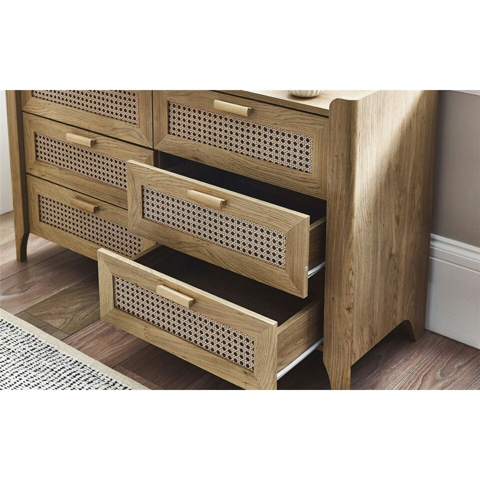image 1 of Sleek 6 Drawer Rattan Oak Wide Chest