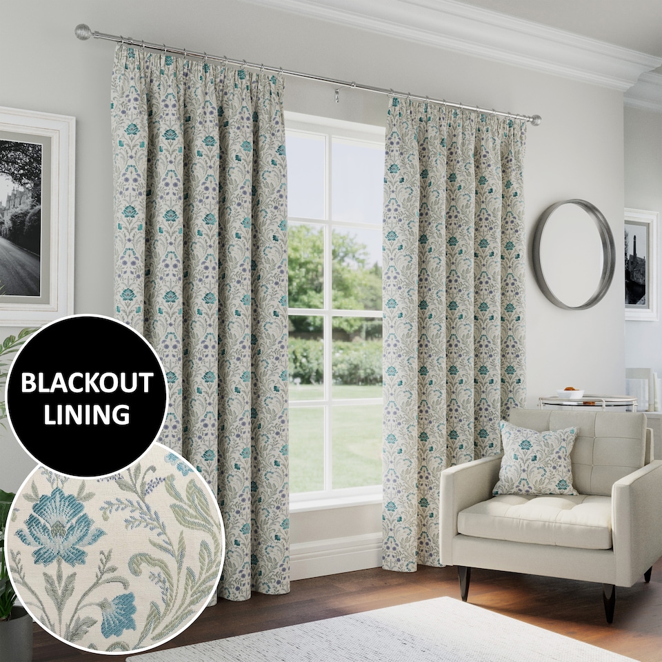 image 1 of Enhanced Living Blue Floral, 100% Blackout, Thermal Curtains with Tape Top Header (PAIR) - 65 x 90 inch (165 x 229cm)