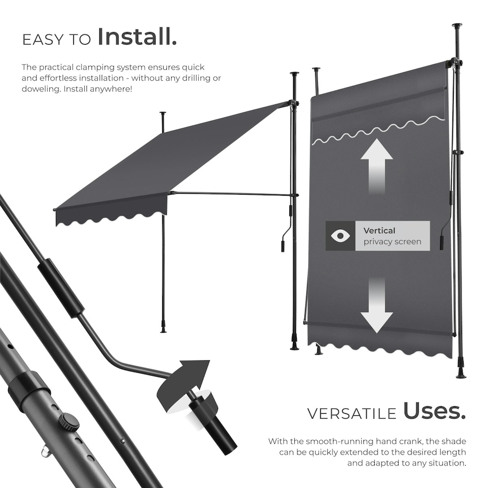 image 1 of Awning with hand crank - pressure fitted , height adjustable Black | Grey | 180 x 150 cm