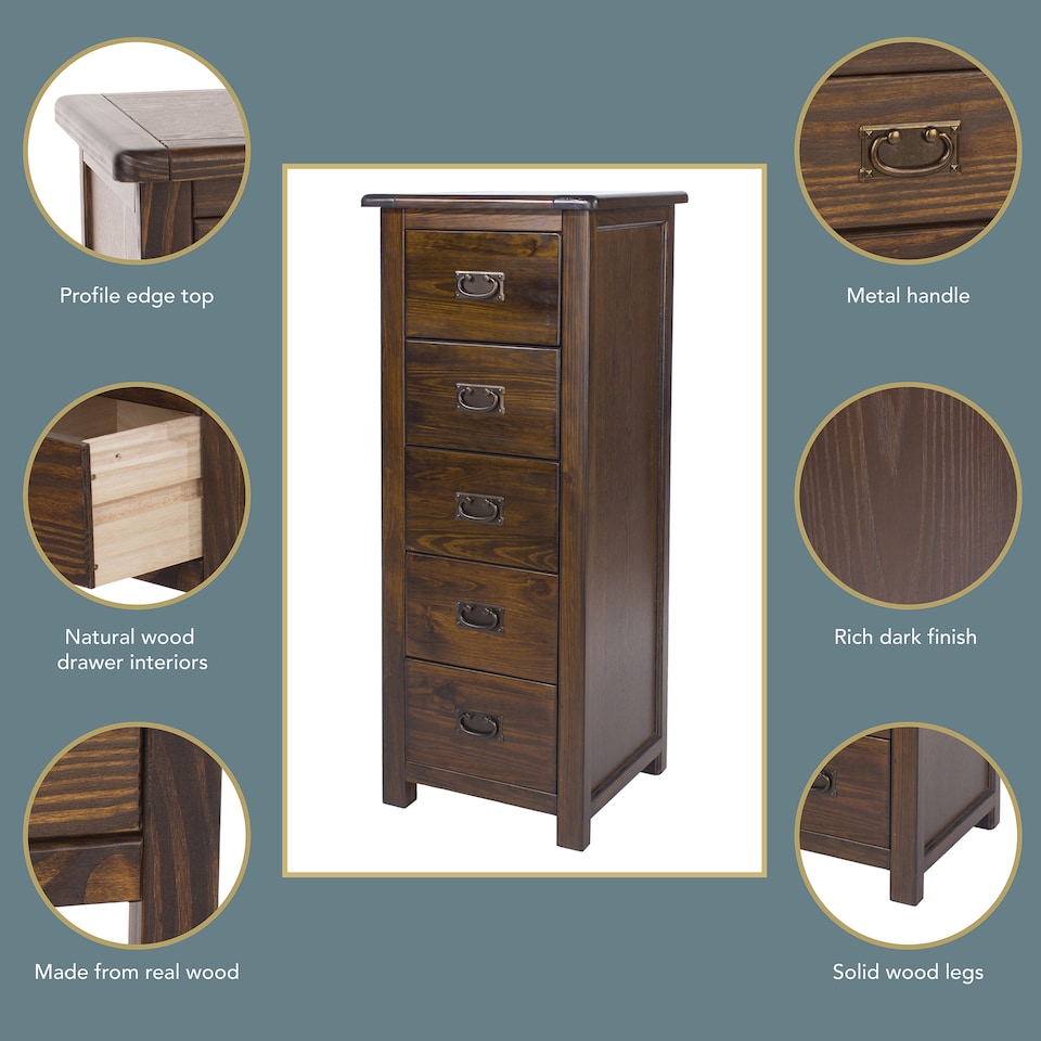 image 1 of Boston 5 Drawer Narrow Chest - Rich Dark Brown Lacquer Solid Wood Bedroom Storage with Brass Handles | Brown | Brown | 1