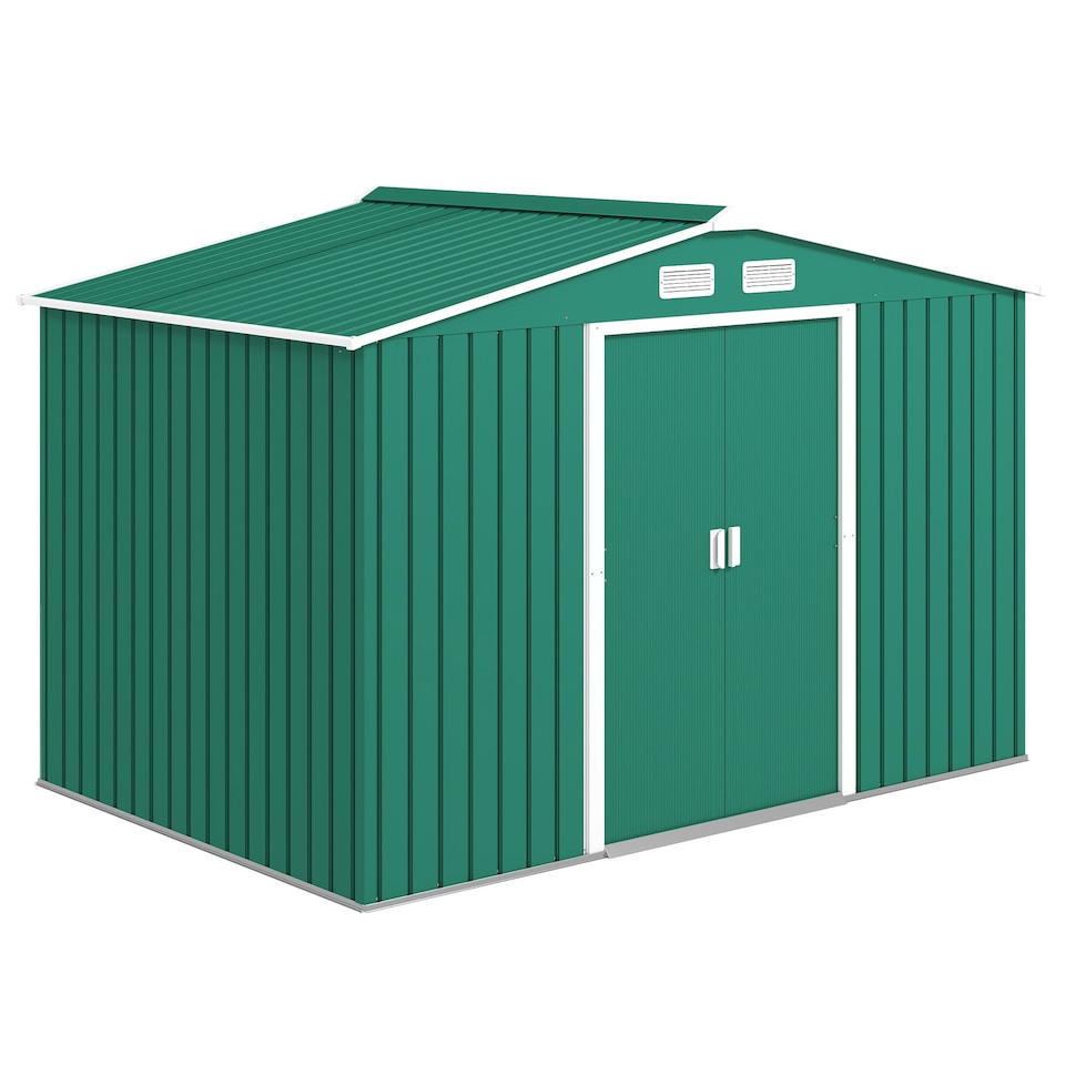 image 1 of Outsunny 9 x 6ft Metal Garden Shed, Outdoor Storage Tool House with Ventilation Slots, Foundation Kit and Lockable Double Doors, Green