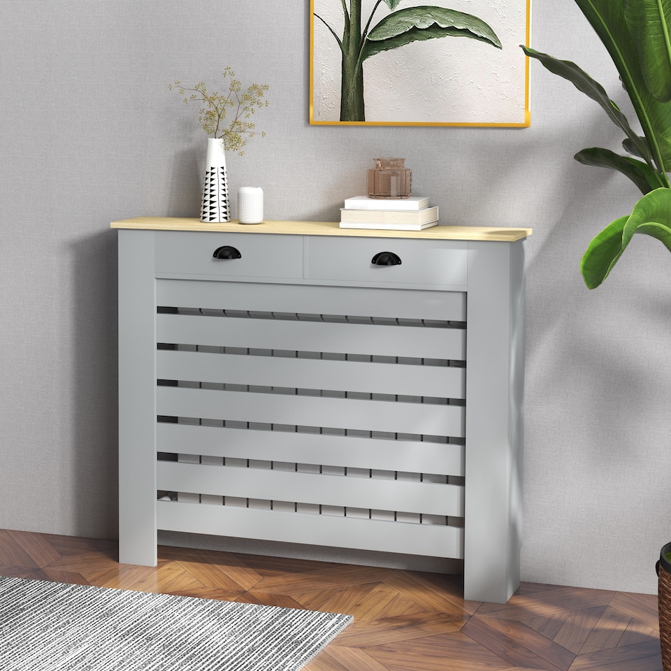 image 1 of HOMCOM Radiator Cover with Drawer, Horizontal Slatted Grill, Grey Painted MDF Wood Cabinet Shelf Heating Cover for Living Room Bedroom Hallway, Medium