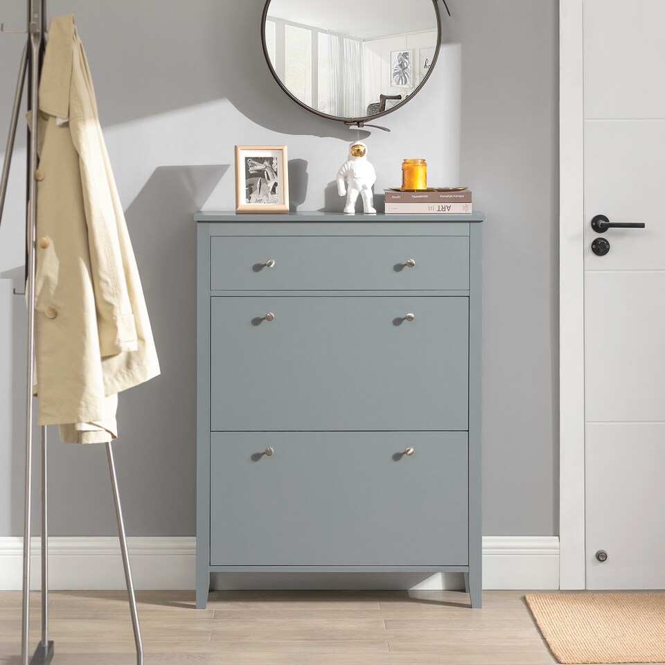image 1 of SoBuy Slim Shoe Cabinet with 3 Flip-Down Doors, Gray, 31.5x9.8x42.5 inches, 24.6 kg - FSR89-HG